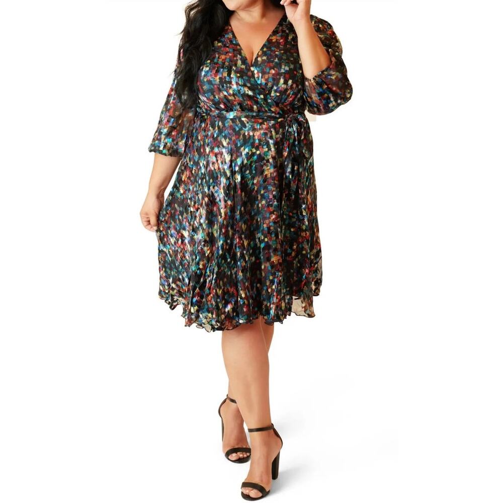 Marée Pour Toi Wrap Dress Graphic Print Burnout Silk Chiffon Womens Plus Size 18